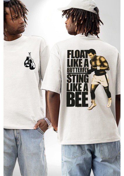 Kelebek Gibi Uçar Arı Gibi Sokarım Ali Boks Beyaz Oversize Kadın Erkek Ön ve Sırt Baskılı T-Shirt