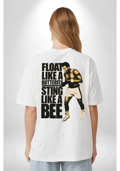 Kelebek Gibi Uçar Arı Gibi Sokarım Ali Boks Beyaz Oversize Kadın Erkek Ön ve Sırt Baskılı T-Shirt