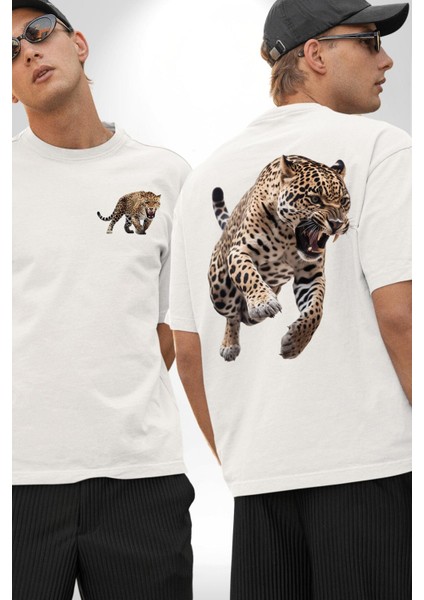 Jaguar Sırtından Çıkan Beyaz Oversize Kadın Erkek Ön ve Sırt Baskılı T-Shirt