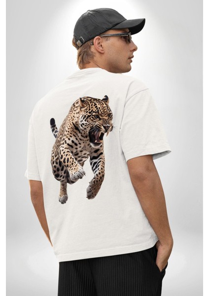 Jaguar Sırtından Çıkan Beyaz Oversize Kadın Erkek Ön ve Sırt Baskılı T-Shirt fiyatları