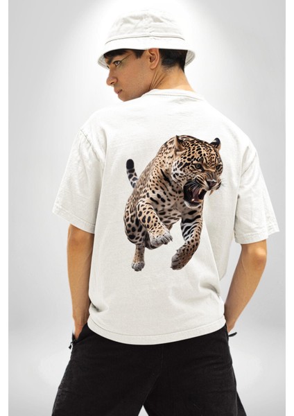 Jaguar Sırtından Çıkan Beyaz Oversize Kadın Erkek Ön ve Sırt Baskılı T-Shirt fırsatları