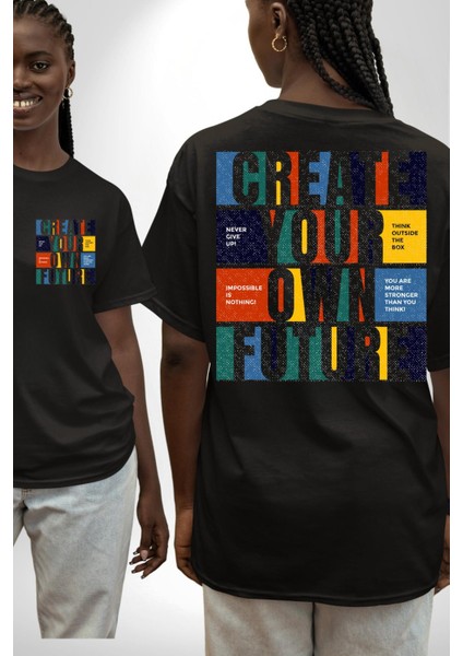 Geleçeği Seninle Planlayalım Siyah Oversize Kadın Erkek Ön ve Sırt Baskılı T-Shirt