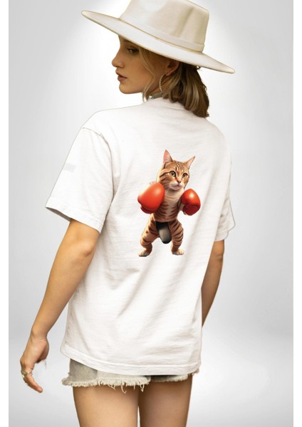 Boks Yapan Kedi Beyaz Oversize Kadın Erkek Ön ve Sırt Baskılı T-Shirt fırsatları