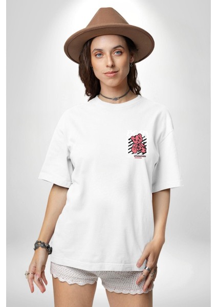 Sebep Olmadan Mutlu Ol Beyaz Oversize Kadın Erkek Ön ve Sırt Baskılı T-Shirt indirimleri