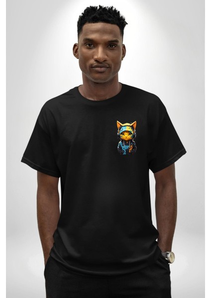 Spor Eşofman Takımı Sarı Kedi Insan Siyah Oversize Kadın Erkek Ön ve Sırt Baskılı T-Shirt