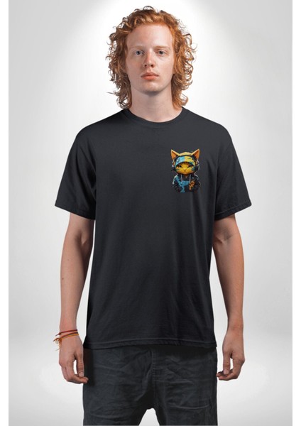 Spor Eşofman Takımı Sarı Kedi Insan Siyah Oversize Kadın Erkek Ön ve Sırt Baskılı T-Shirt