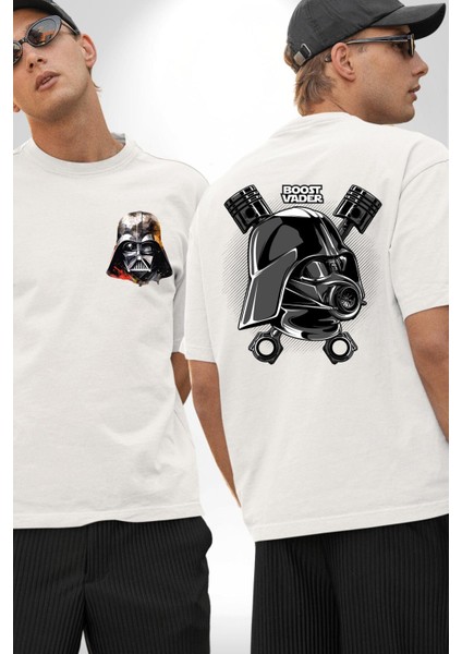 Darth Vader Star Wars Araba Motoru Güçlendir Beyaz Oversize Kadın Erkek Ön ve Sırt Baskılı T-Shirt