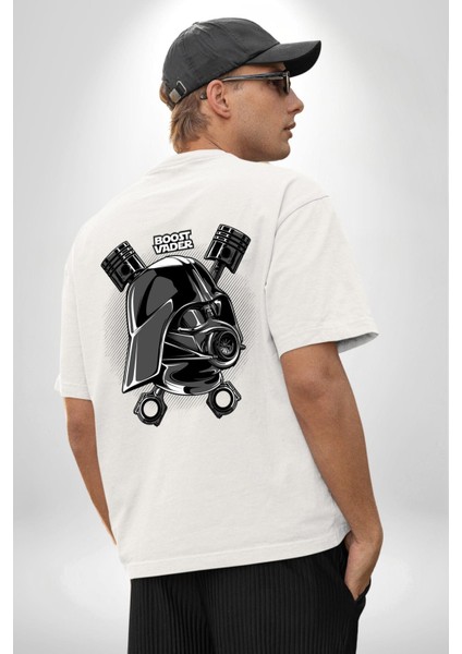 Darth Vader Star Wars Araba Motoru Güçlendir Beyaz Oversize Kadın Erkek Ön ve Sırt Baskılı T-Shirt