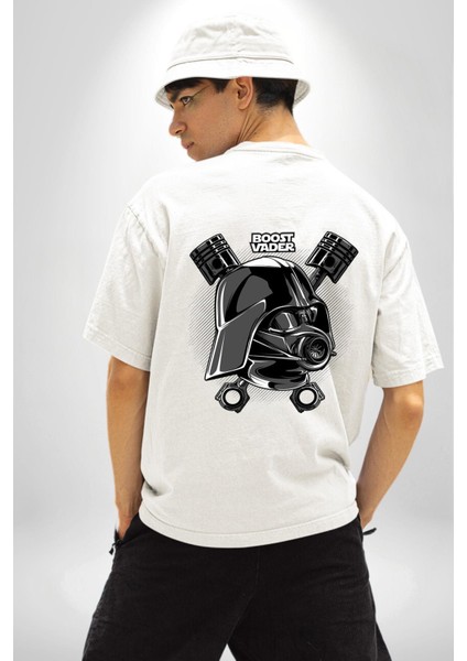 Darth Vader Star Wars Araba Motoru Güçlendir Beyaz Oversize Kadın Erkek Ön ve Sırt Baskılı T-Shirt