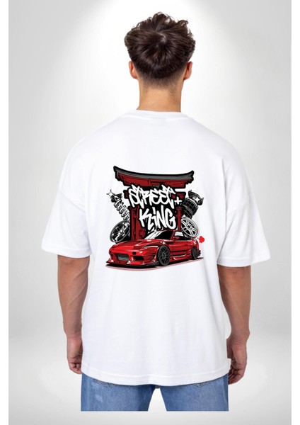 Japon Sokak Yarış Kralı Beyaz Oversize Kadın Erkek Ön ve Sırt Baskılı T-Shirt fiyatları