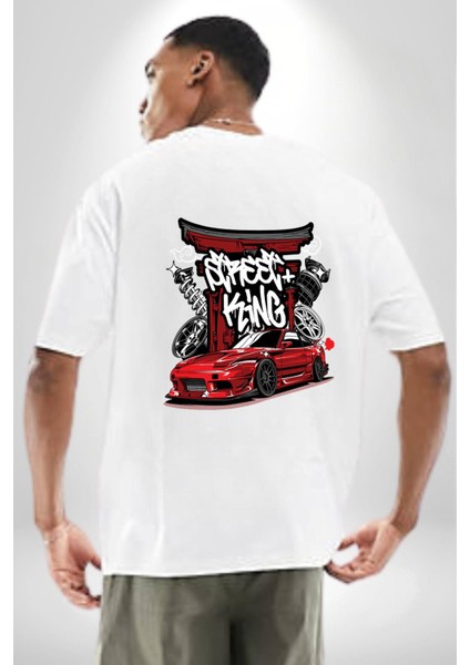 Japon Sokak Yarış Kralı Beyaz Oversize Kadın Erkek Ön ve Sırt Baskılı T-Shirt fırsatları