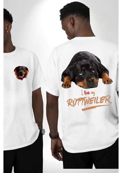Rottweiler Sevgisi Beyaz Oversize Kadın Erkek Ön ve Sırt Baskılı T-Shirt