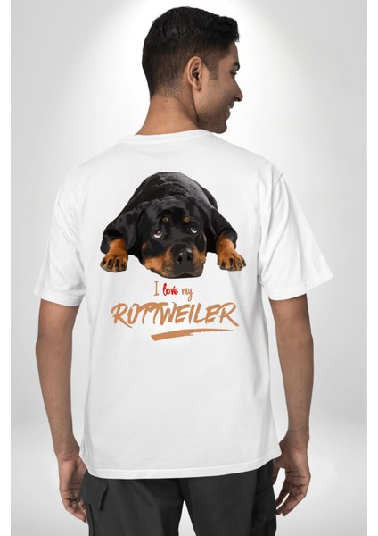 Rottweiler Sevgisi Beyaz Oversize Kadın Erkek Ön ve Sırt Baskılı T-Shirt fiyatları