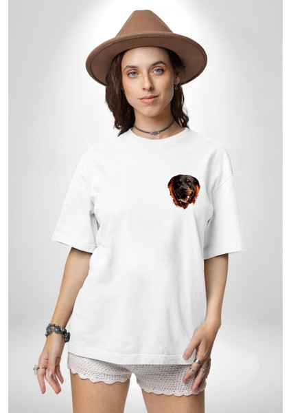 Rottweiler Sevgisi Beyaz Oversize Kadın Erkek Ön ve Sırt Baskılı T-Shirt modelleri
