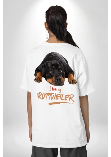 Rottweiler Sevgisi Beyaz Oversize Kadın Erkek Ön ve Sırt Baskılı T-Shirt fırsatları