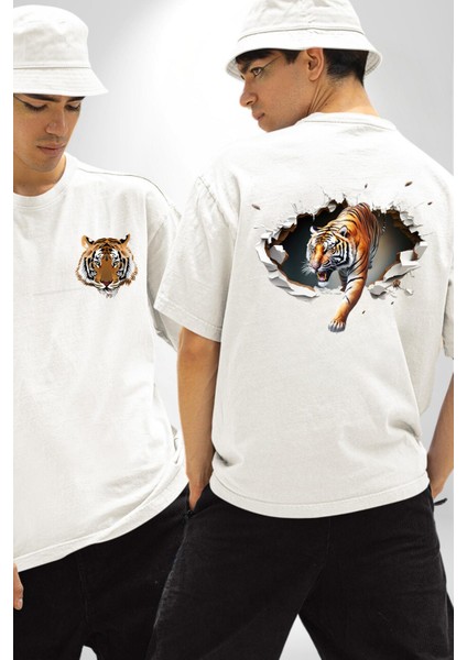 Kırık Duvar Kaplan Beyaz Oversize Kadın Erkek Ön ve Sırt Baskılı T-Shirt