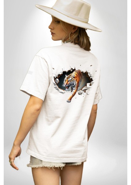 Kırık Duvar Kaplan Beyaz Oversize Kadın Erkek Ön ve Sırt Baskılı T-Shirt fiyatları