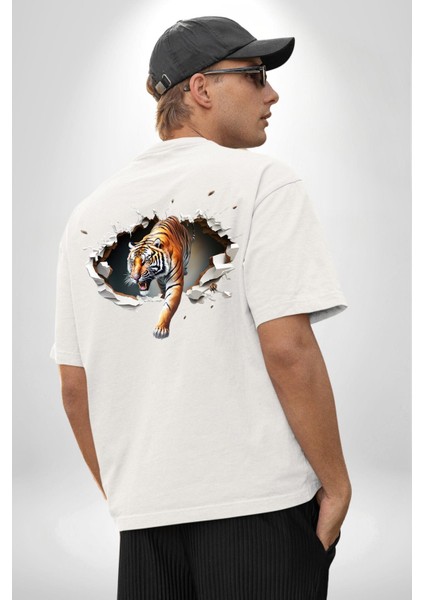 Kırık Duvar Kaplan Beyaz Oversize Kadın Erkek Ön ve Sırt Baskılı T-Shirt fırsatları