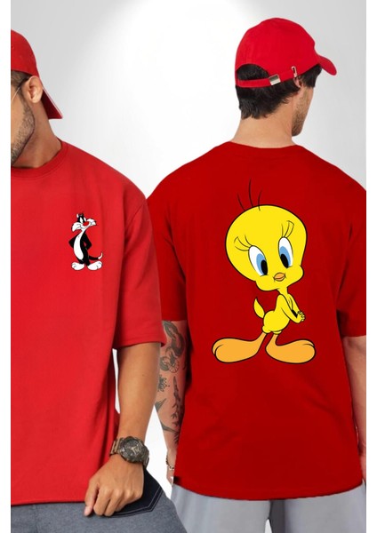 Twity Kırmızı Oversize Kadın Erkek Ön ve Sırt Baskılı T-Shirt