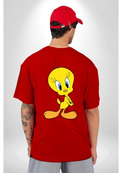 Twity Kırmızı Oversize Kadın Erkek Ön ve Sırt Baskılı T-Shirt