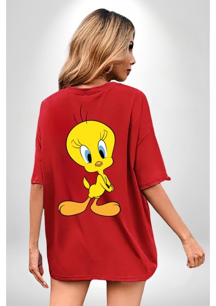Twity Kırmızı Oversize Kadın Erkek Ön ve Sırt Baskılı T-Shirt