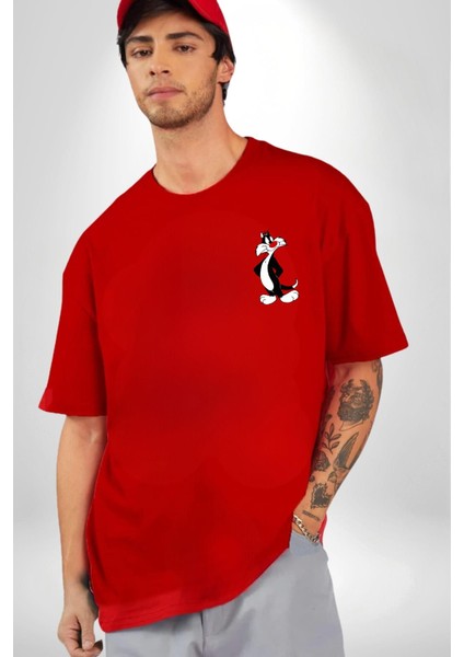 Twity Kırmızı Oversize Kadın Erkek Ön ve Sırt Baskılı T-Shirt