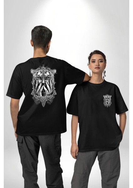 Yarım Insan Yarım Leopar Mutant Leopar Kral Siyah Oversize Kadın Erkek Ön ve Sırt Baskılı T-Shirt