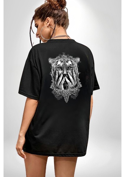 Yarım Insan Yarım Leopar Mutant Leopar Kral Siyah Oversize Kadın Erkek Ön ve Sırt Baskılı T-Shirt fırsatları