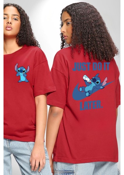 Do It Later Stitch Biberon Animasyon Kırmızı Oversize Kadın Erkek Ön ve Sırt Baskılı T-Shirt