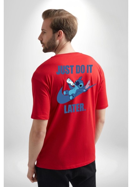 Do It Later Stitch Biberon Animasyon Kırmızı Oversize Kadın Erkek Ön ve Sırt Baskılı T-Shirt
