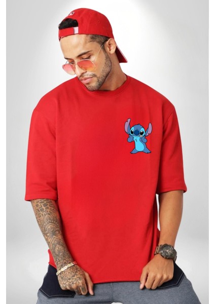 Do It Later Stitch Biberon Animasyon Kırmızı Oversize Kadın Erkek Ön ve Sırt Baskılı T-Shirt