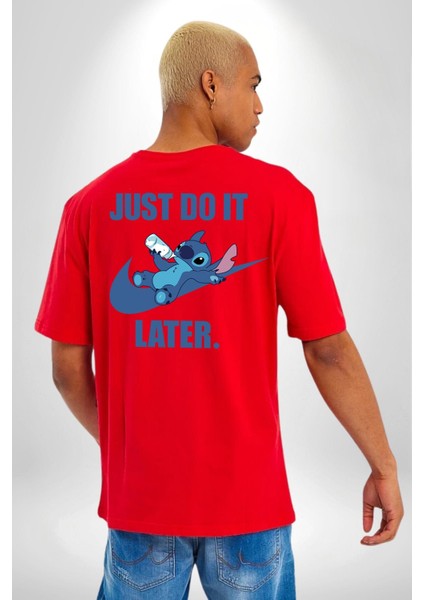 Do It Later Stitch Biberon Animasyon Kırmızı Oversize Kadın Erkek Ön ve Sırt Baskılı T-Shirt