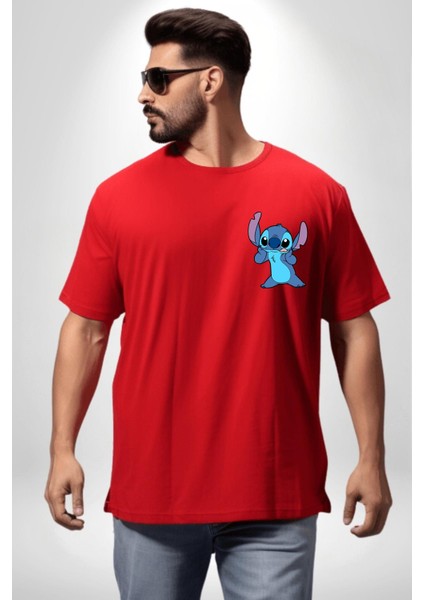 Do It Later Stitch Biberon Animasyon Kırmızı Oversize Kadın Erkek Ön ve Sırt Baskılı T-Shirt