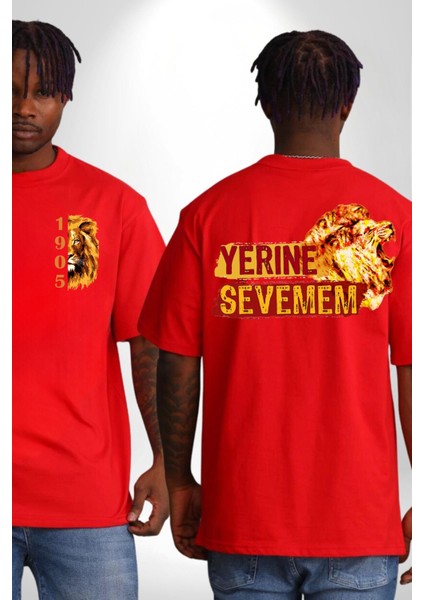 Yerine Sevemem Aslan Sarı Kırmızı Kırmızı Oversize Kadın Erkek Ön ve Sırt Baskılı T-Shirt