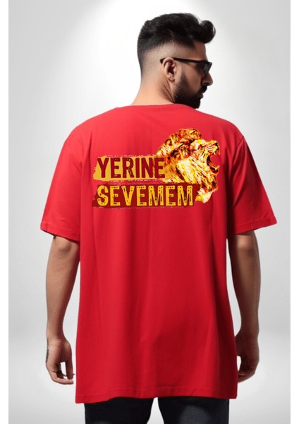 Yerine Sevemem Aslan Sarı Kırmızı Kırmızı Oversize Kadın Erkek Ön ve Sırt Baskılı T-Shirt