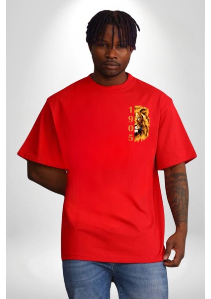 Yerine Sevemem Aslan Sarı Kırmızı Kırmızı Oversize Kadın Erkek Ön ve Sırt Baskılı T-Shirt