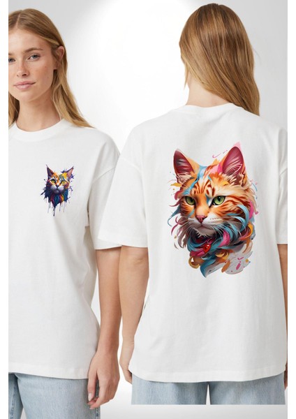 Hayvan Kedi Sanat Potre Beyaz Oversize Kadın Erkek Ön ve Sırt Baskılı T-Shirt