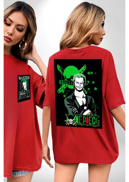 Roonoa Zoro Luffy One Piece Anime Kırmızı Oversize Kadın Erkek Ön ve Sırt Baskılı T-Shirt