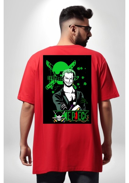 Roonoa Zoro Luffy One Piece Anime Kırmızı Oversize Kadın Erkek Ön ve Sırt Baskılı T-Shirt
