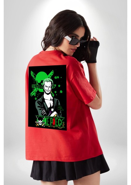 Roonoa Zoro Luffy One Piece Anime Kırmızı Oversize Kadın Erkek Ön ve Sırt Baskılı T-Shirt