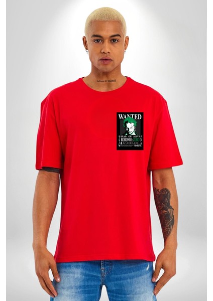 Roonoa Zoro Luffy One Piece Anime Kırmızı Oversize Kadın Erkek Ön ve Sırt Baskılı T-Shirt