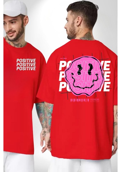 Positive Enerji Emoji Gülen Surat Kırmızı Oversize Kadın Erkek Ön ve Sırt Baskılı T-Shirt