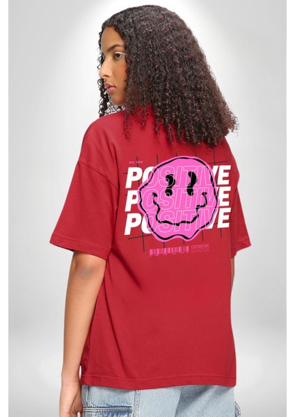 Positive Enerji Emoji Gülen Surat Kırmızı Oversize Kadın Erkek Ön ve Sırt Baskılı T-Shirt fiyatları