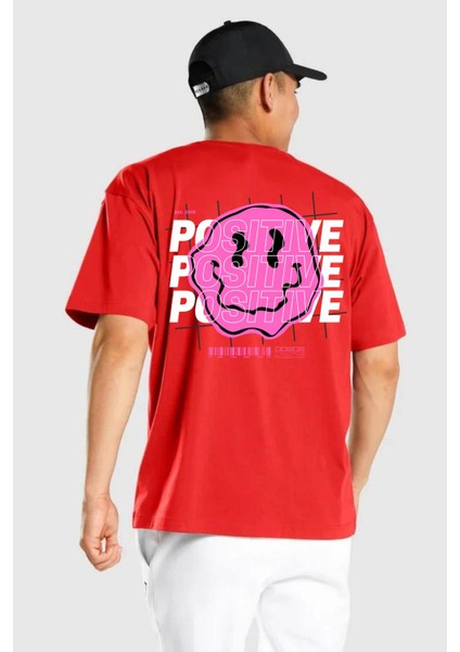 Positive Enerji Emoji Gülen Surat Kırmızı Oversize Kadın Erkek Ön ve Sırt Baskılı T-Shirt fırsatları