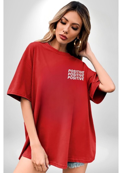 Positive Enerji Emoji Gülen Surat Kırmızı Oversize Kadın Erkek Ön ve Sırt Baskılı T-Shirt indirimleri