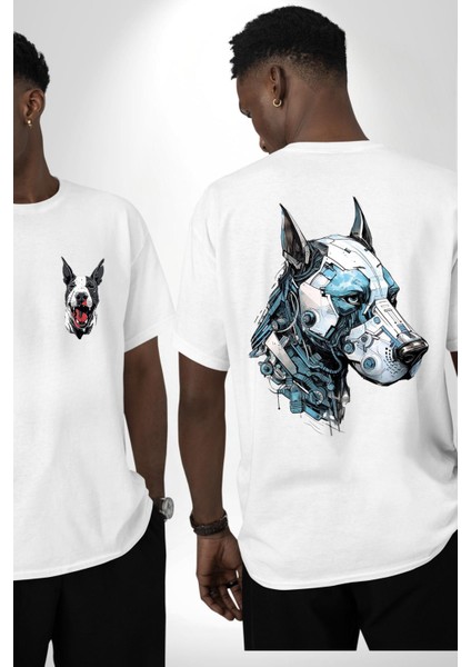 Robot Cyborg Köpek Doberman Beyaz Oversize Kadın Erkek Ön ve Sırt Baskılı T-Shirt