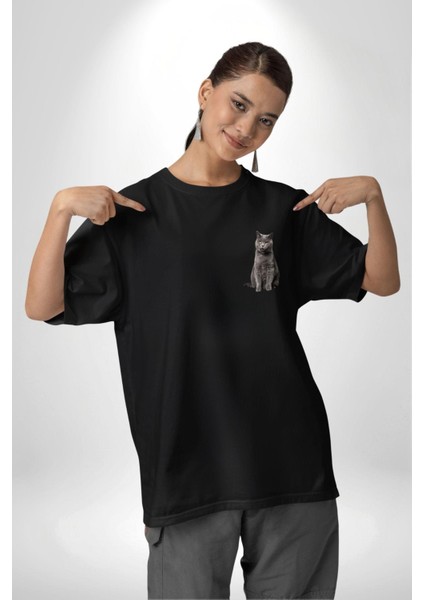 Safari Kedi Şal Eşarp Siyah Oversize Kadın Erkek Ön ve Sırt Baskılı T-Shirt