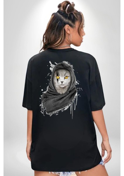 Safari Kedi Şal Eşarp Siyah Oversize Kadın Erkek Ön ve Sırt Baskılı T-Shirt