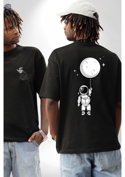 Astronot Ay Balon Siyah Oversize Kadın Erkek Ön ve Sırt Baskılı T-Shirt