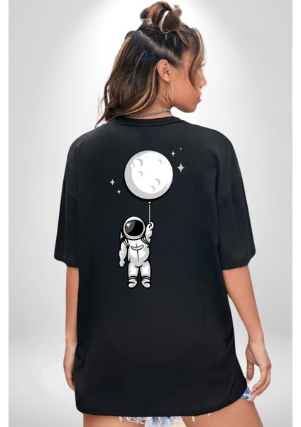 Astronot Ay Balon Siyah Oversize Kadın Erkek Ön ve Sırt Baskılı T-Shirt